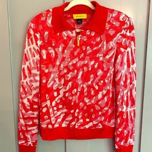 ST JOHN Knit Zip Front Jacket Top RED WHITE medium